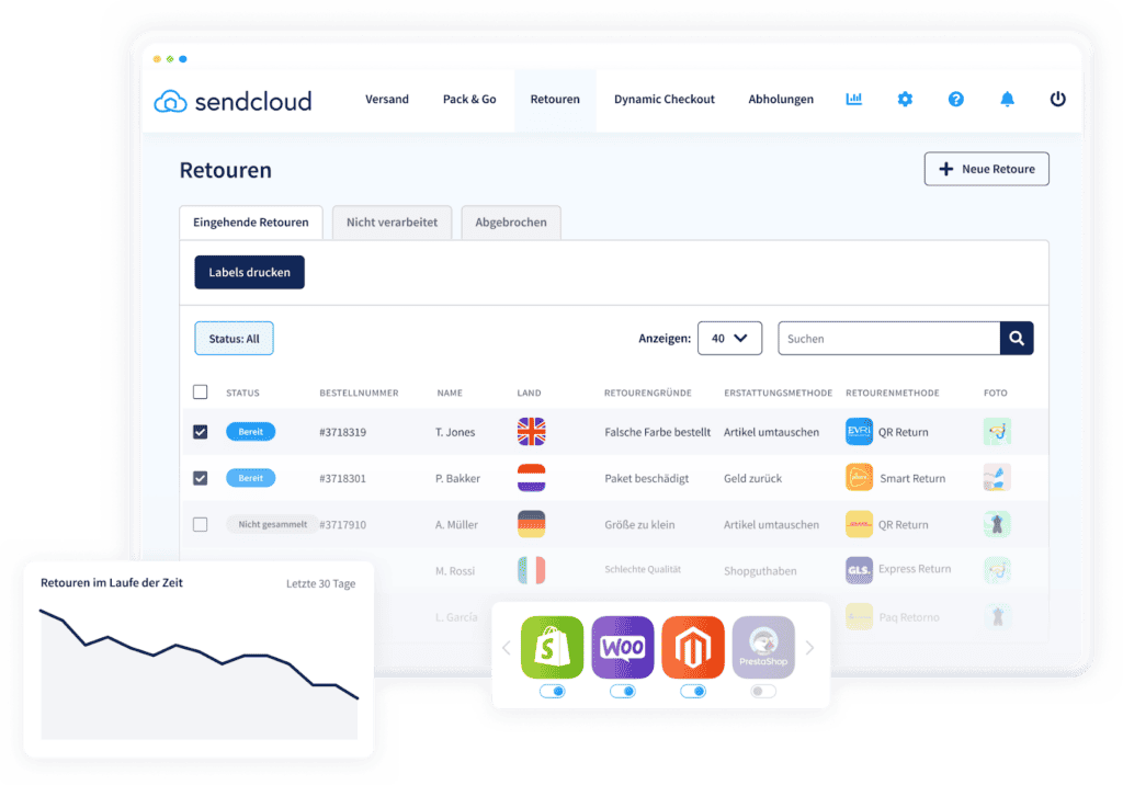 onlinehandel retouren software screenshot sendcloud retourenportal