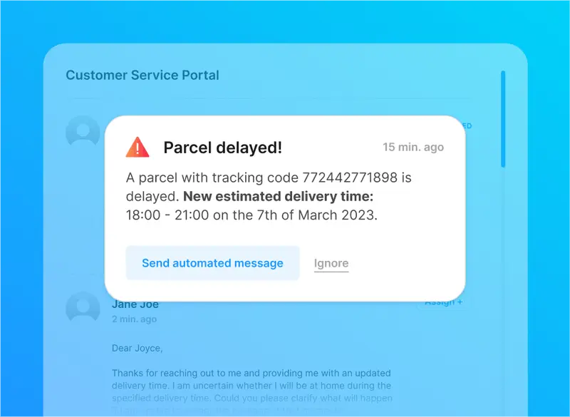 Parcel delayed notification with new delivery time.